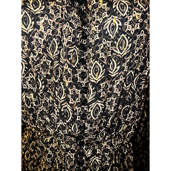 ZARA Size XS Black Brown Gold Metallic Balloon Sleeve Button Front Shirt Dress - Picture 4 of 10